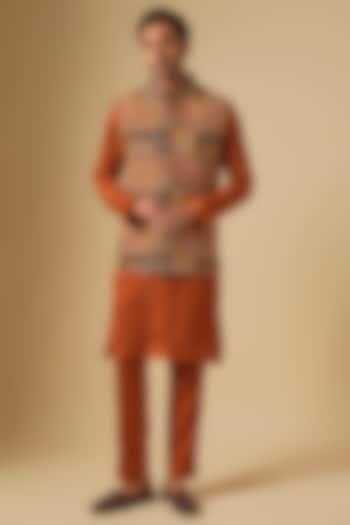 Rust Orange Thread Hand Embroidered Bundi Jacket Set by Dapper & Dare at Pernia's Pop Up Shop