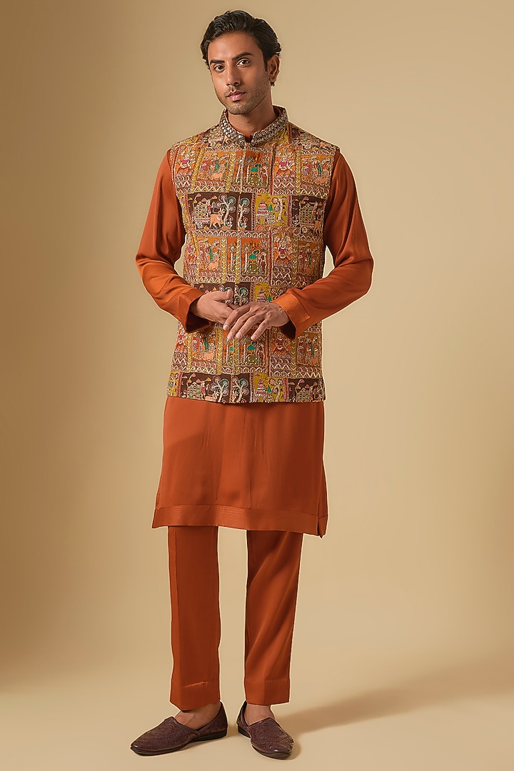 Rust Orange Thread Hand Embroidered Bundi Jacket Set by Dapper & Dare at Pernia's Pop Up Shop