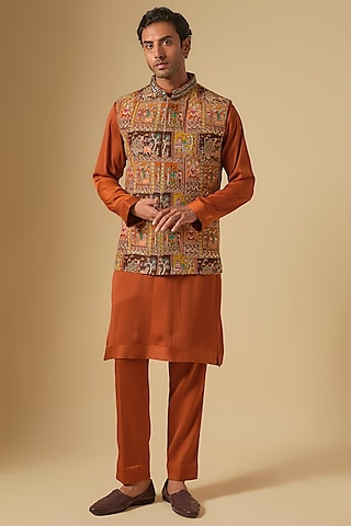 Rust Orange Thread Hand Embroidered Bundi Jacket Set by Dapper & Dare