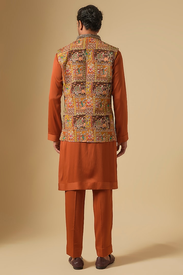 Rust Orange Thread Hand Embroidered Bundi Jacket Set by Dapper & Dare at Pernia's Pop Up Shop
