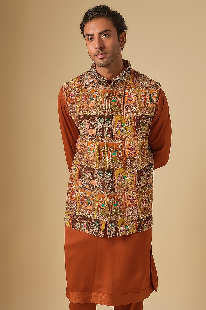 Rust Orange Thread Hand Embroidered Bundi Jacket Set by Dapper & Dare at Pernia's Pop Up Shop
