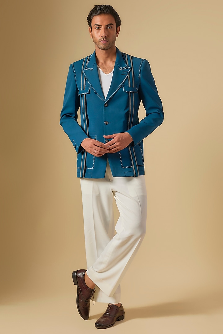 Turquoise Blue Japanese Twill Blazer Set by Dapper & Dare