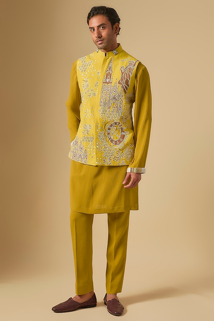 Haldi Yellow Raw Silk Embroidered Bundi Jacket Set by Dapper & Dare at Pernia's Pop Up Shop