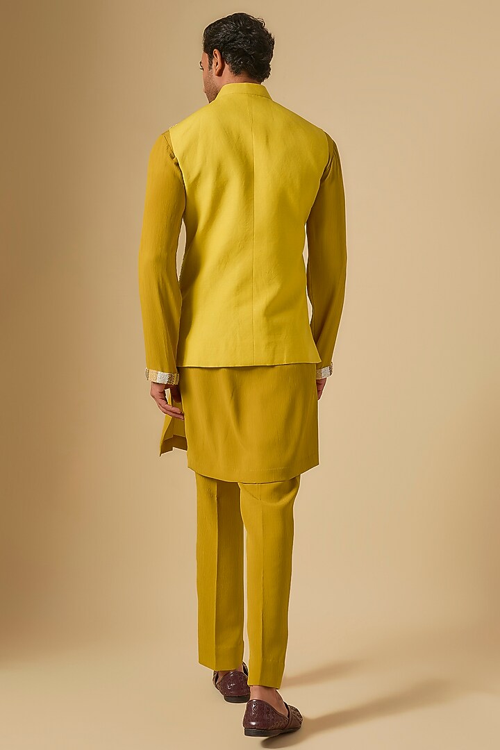 Haldi Yellow Raw Silk Embroidered Bundi Jacket Set by Dapper & Dare at Pernia's Pop Up Shop