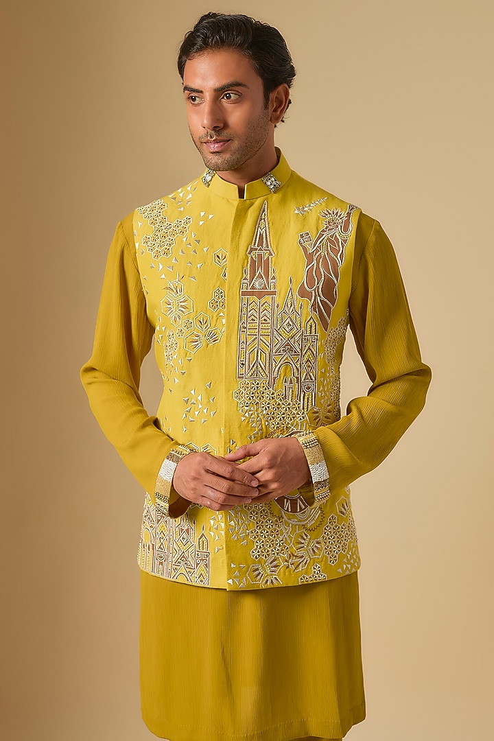 Haldi Yellow Raw Silk Embroidered Bundi Jacket Set by Dapper & Dare at Pernia's Pop Up Shop