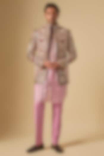 Pink Cotton Jute Cutdana Embellished Groom Indowestern Set by Dapper & Dare at Pernia's Pop Up Shop