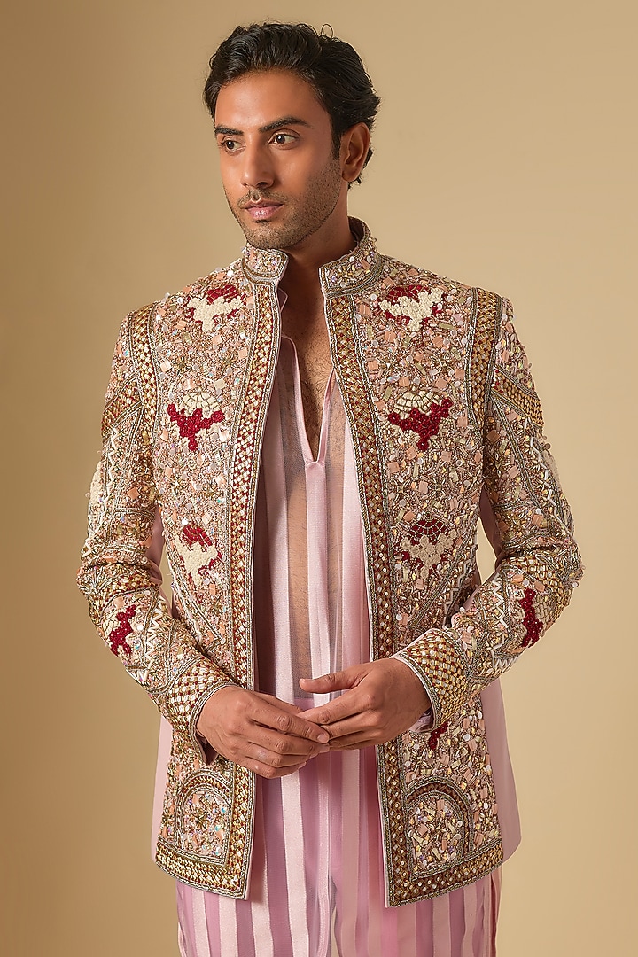 Pink Cotton Jute Cutdana Embellished Groom Indowestern Set by Dapper & Dare at Pernia's Pop Up Shop