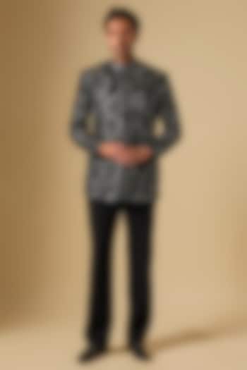 Black Japanese Twill Sequins Embroidered Bandhgala Set by Dapper & Dare