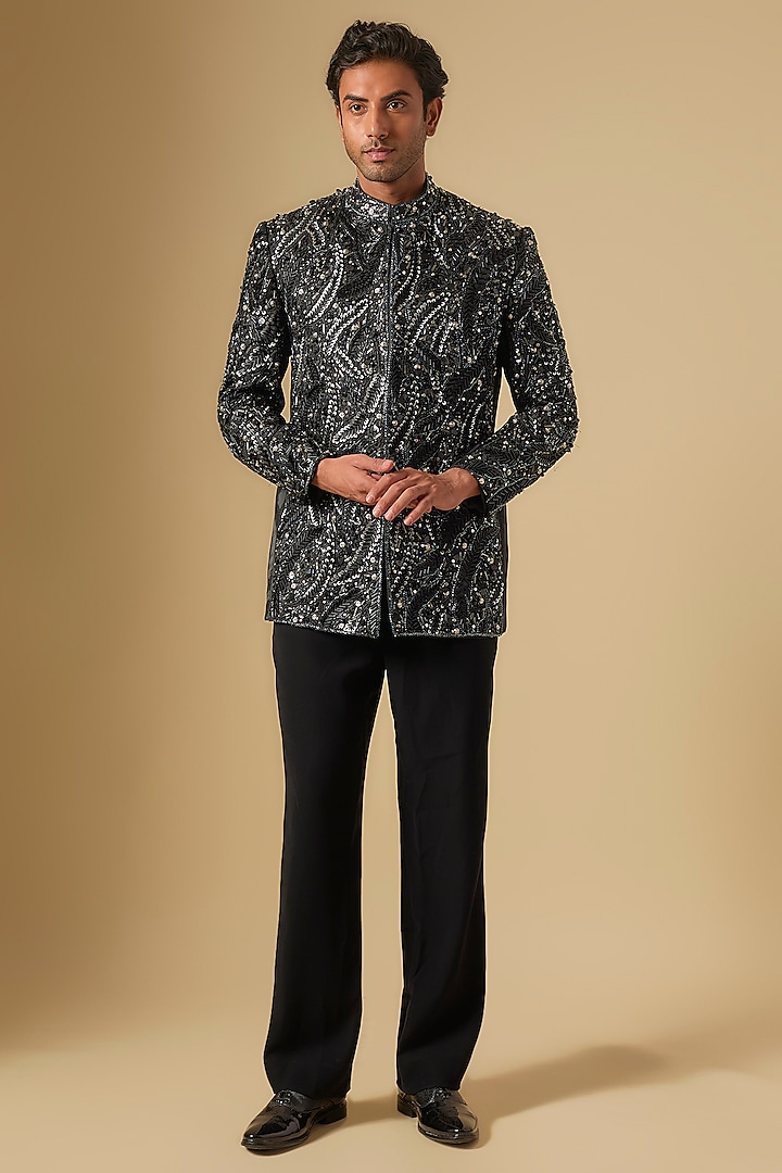 Black Japanese Twill Sequins Embroidered Bandhgala Set by Dapper & Dare