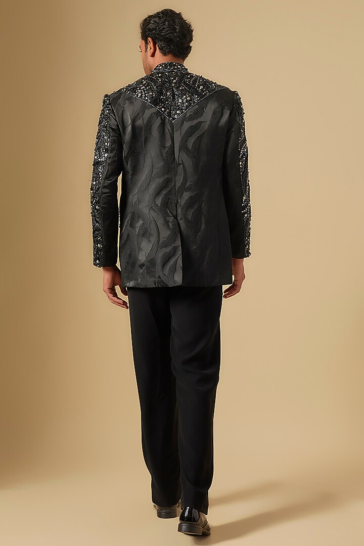 Black Japanese Twill Sequins Embroidered Groom Bandhgala Set by Dapper & Dare at Pernia's Pop Up Shop