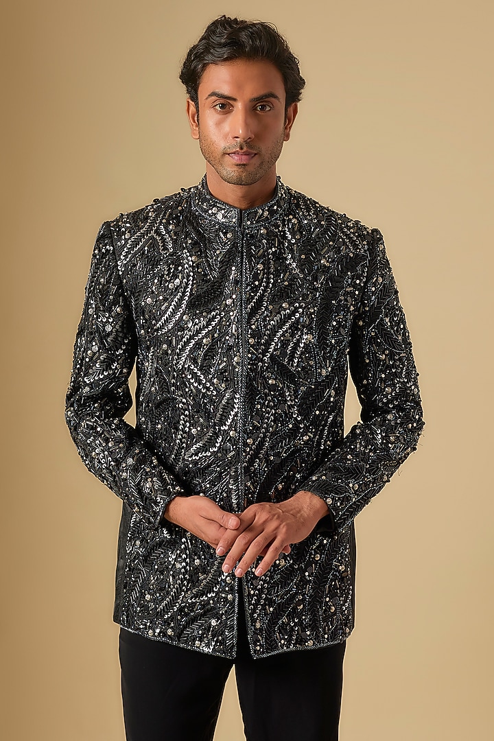 Black Japanese Twill Sequins Embroidered Groom Bandhgala Set by Dapper & Dare at Pernia's Pop Up Shop