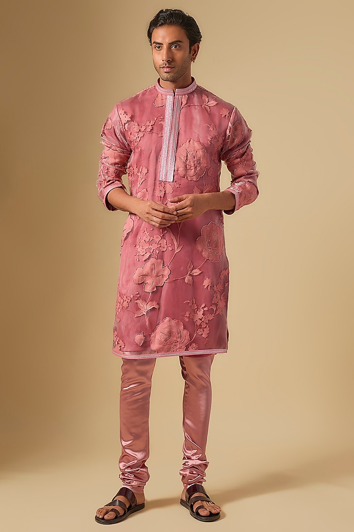 Rose Pink Organza Floral Printed Kurta Set by Dapper & Dare