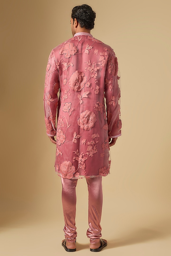 Rose Pink Organza Floral Printed Kurta Set by Dapper & Dare at Pernia's Pop Up Shop