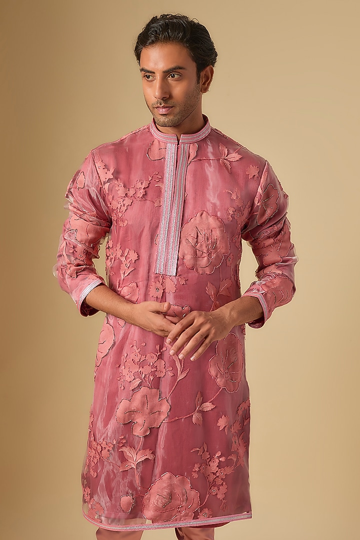 Rose Pink Organza Floral Printed Kurta Set by Dapper & Dare at Pernia's Pop Up Shop