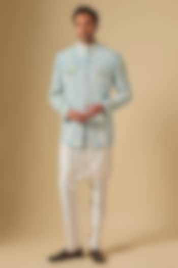 Blue Cotton Jute Sequins Embellished Groom Bandhgala Set by Dapper & Dare at Pernia's Pop Up Shop