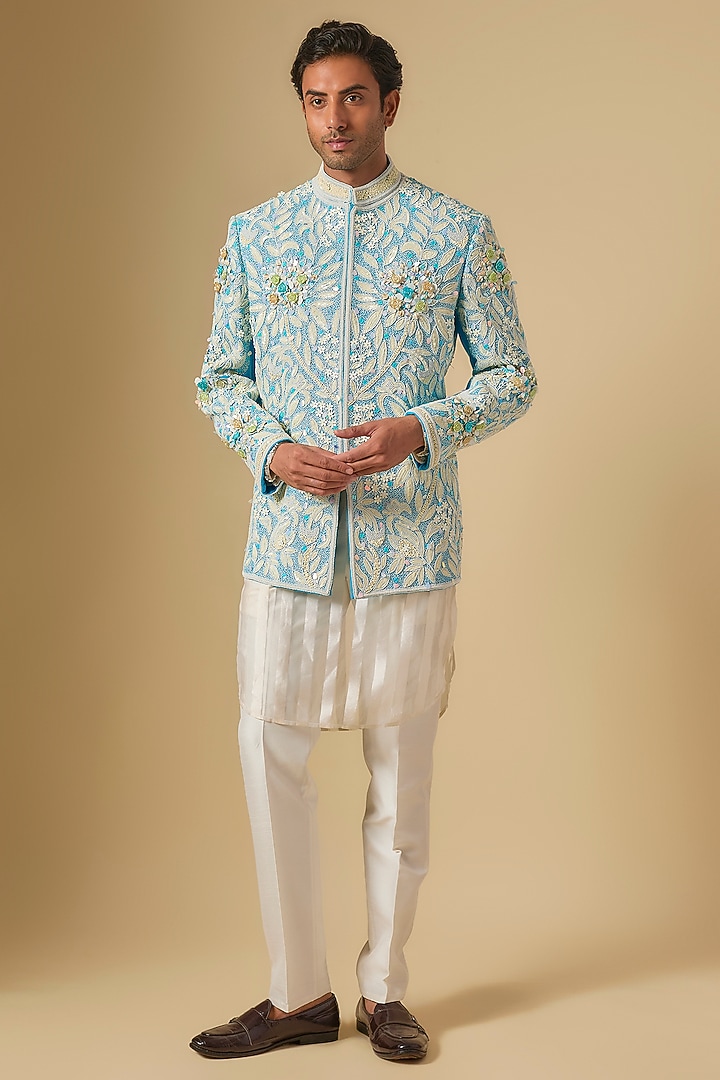 Blue Cotton Jute Sequins Embellished Groom Bandhgala Set by Dapper & Dare at Pernia's Pop Up Shop