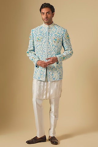 Blue Cotton Jute Sequins Embellished Bandhgala Set by Dapper & Dare