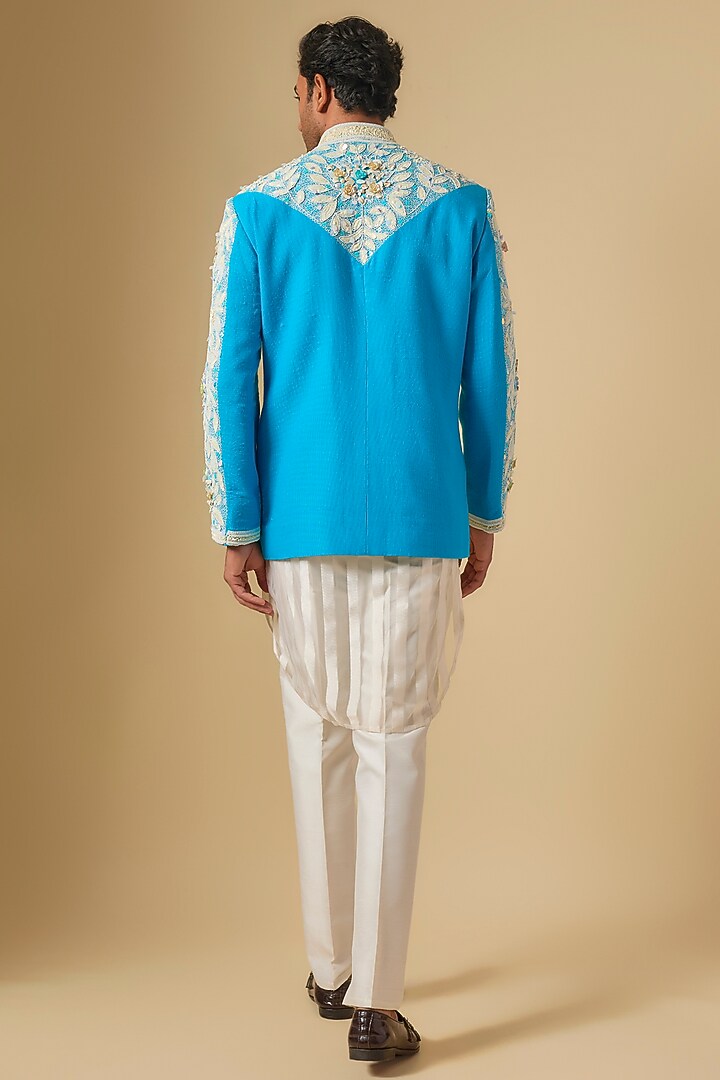 Blue Cotton Jute Sequins Embellished Groom Bandhgala Set by Dapper & Dare at Pernia's Pop Up Shop