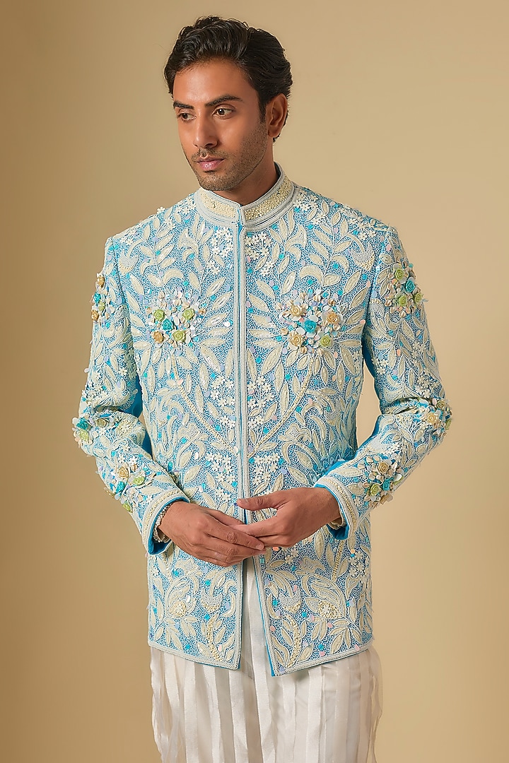 Blue Cotton Jute Sequins Embellished Groom Bandhgala Set by Dapper & Dare at Pernia's Pop Up Shop