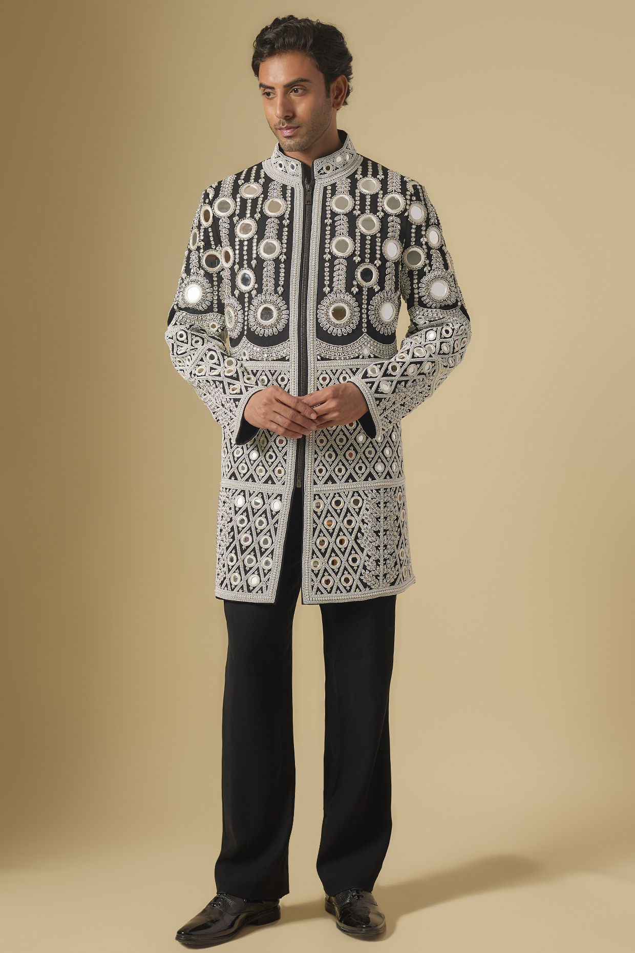 Black Japanese Twill Mirror Embroidered Sherwani Set by Dapper & Dare