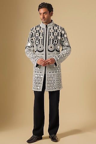 Black Japanese Twill Mirror Embroidered Sherwani Set by Dapper & Dare