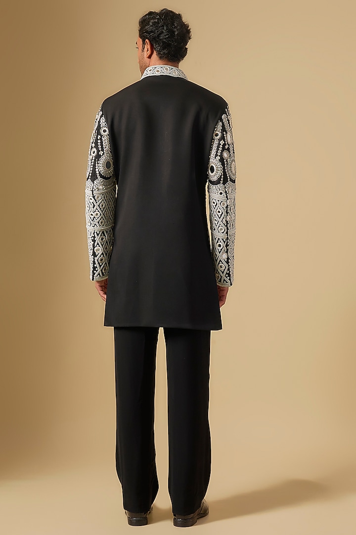 Black Japanese Twill Mirror Embroidered Groom Sherwani Set by Dapper & Dare at Pernia's Pop Up Shop