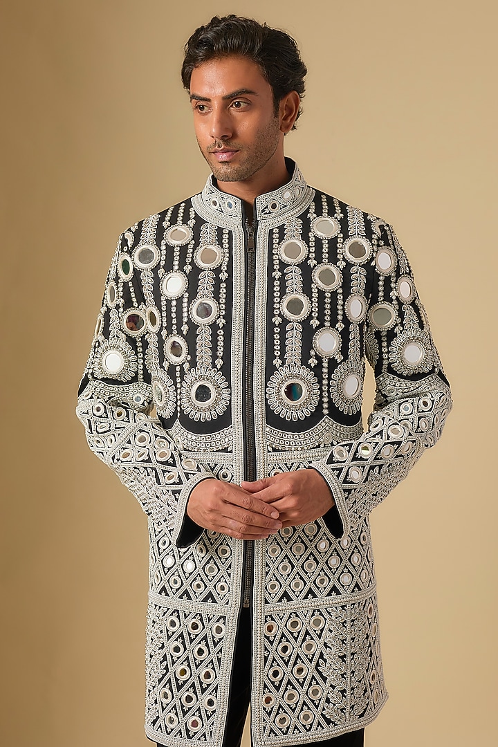 Black Japanese Twill Mirror Embroidered Groom Sherwani Set by Dapper & Dare at Pernia's Pop Up Shop