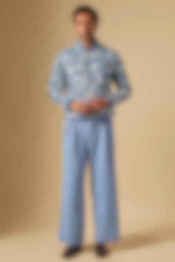 Blue Denim Embroidered Bomber Jacket Set by Dapper & Dare