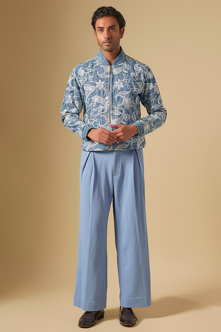 Blue Denim Embroidered Bomber Jacket Set by Dapper & Dare