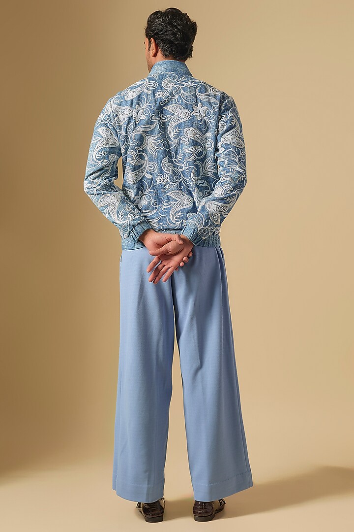 Blue Denim Embroidered Bomber Jacket Set by Dapper & Dare at Pernia's Pop Up Shop