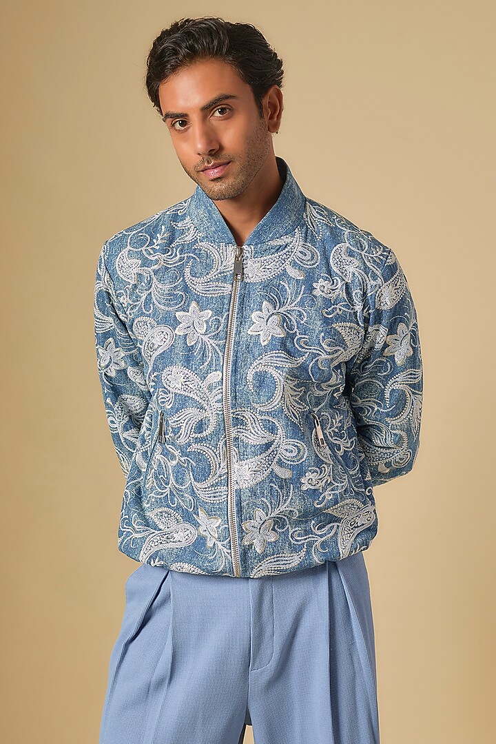 Blue Denim Embroidered Bomber Jacket Set by Dapper & Dare at Pernia's Pop Up Shop