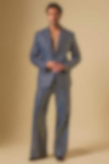 Blue Denim Embroidered Blazer Jacket Set by Dapper & Dare
