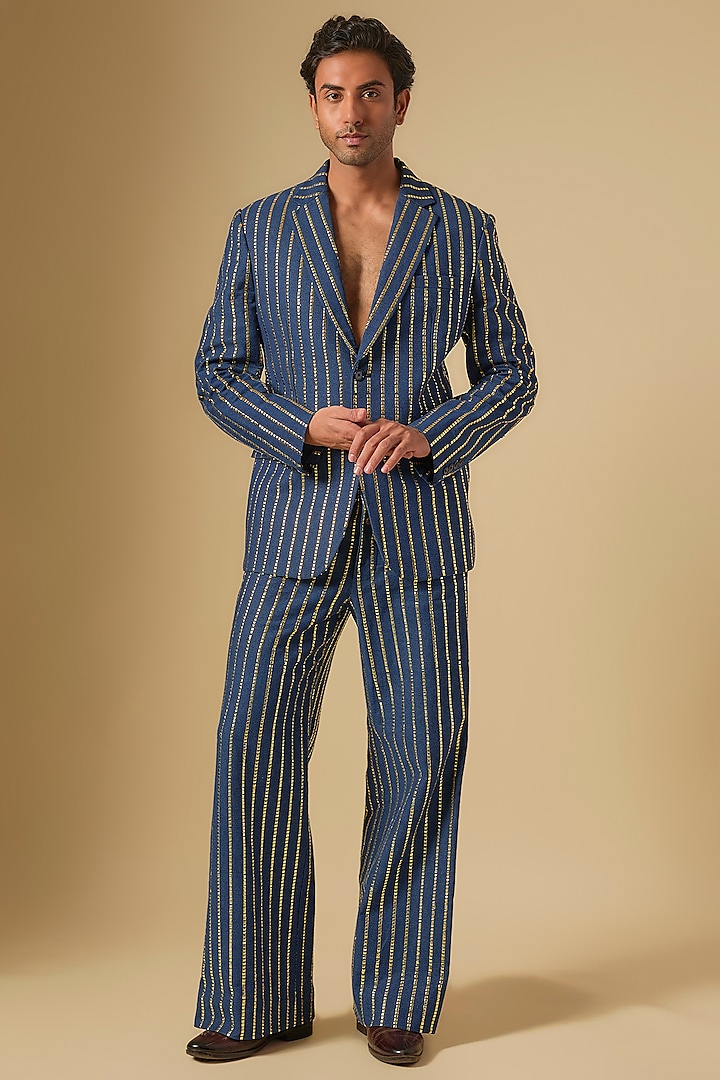 Blue Denim Embroidered Blazer Jacket Set by Dapper & Dare