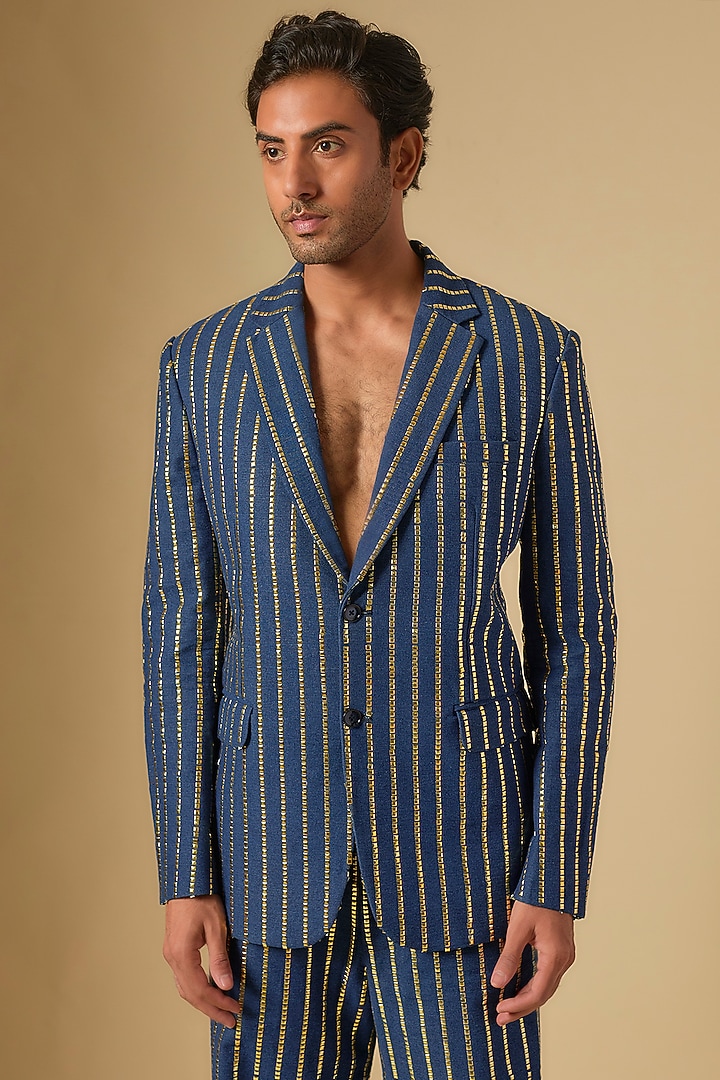 Blue Denim Embroidered Blazer Jacket Set by Dapper & Dare at Pernia's Pop Up Shop