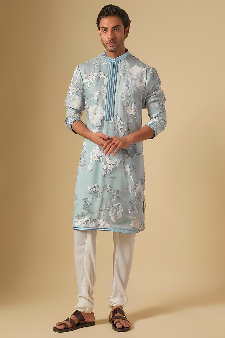 Ice Blue Organza Floral Printed Kurta Set by Dapper & Dare at Pernia's Pop Up Shop