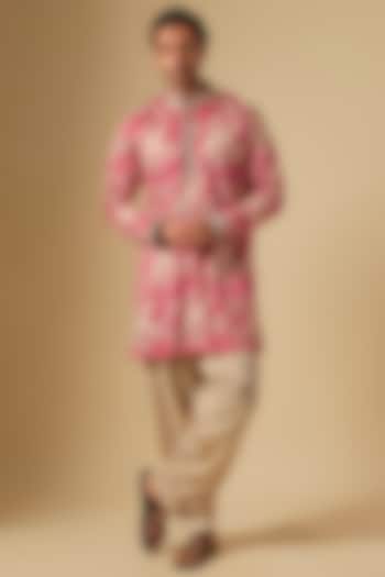 Rose Pink Moonga Silk Printed & Embroidered Kurta Set by Dapper & Dare