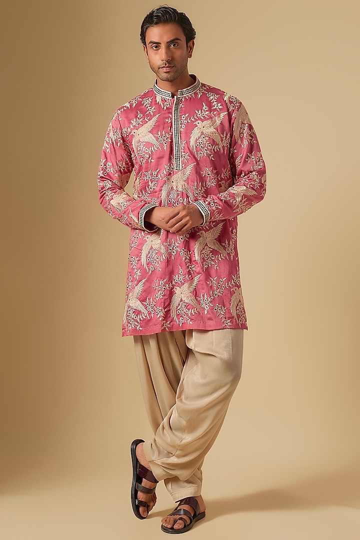 Rose Pink Moonga Silk Printed & Embroidered Kurta Set by Dapper & Dare