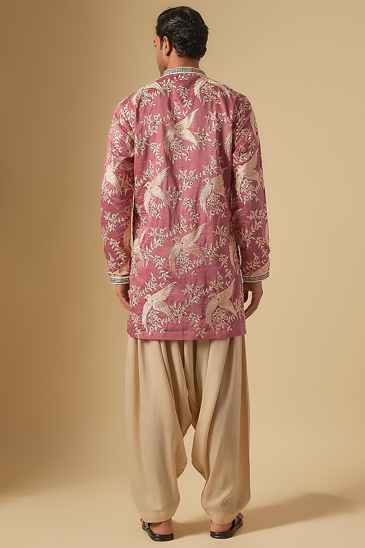 Rose Pink Moonga Silk Printed & Embroidered Kurta Set by Dapper & Dare at Pernia's Pop Up Shop