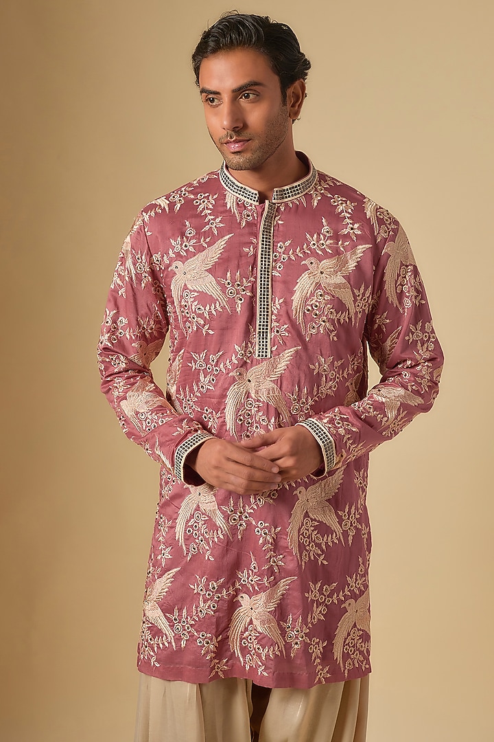 Rose Pink Moonga Silk Printed & Embroidered Kurta Set by Dapper & Dare at Pernia's Pop Up Shop
