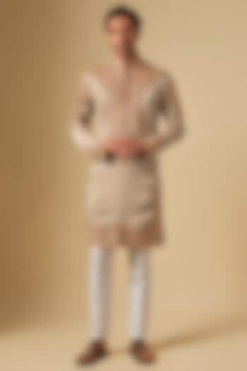 Beige Satin Hand Embroidered Kurta Set by Dapper & Dare