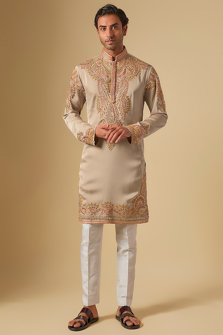 Beige Satin Hand Embroidered Kurta Set by Dapper & Dare