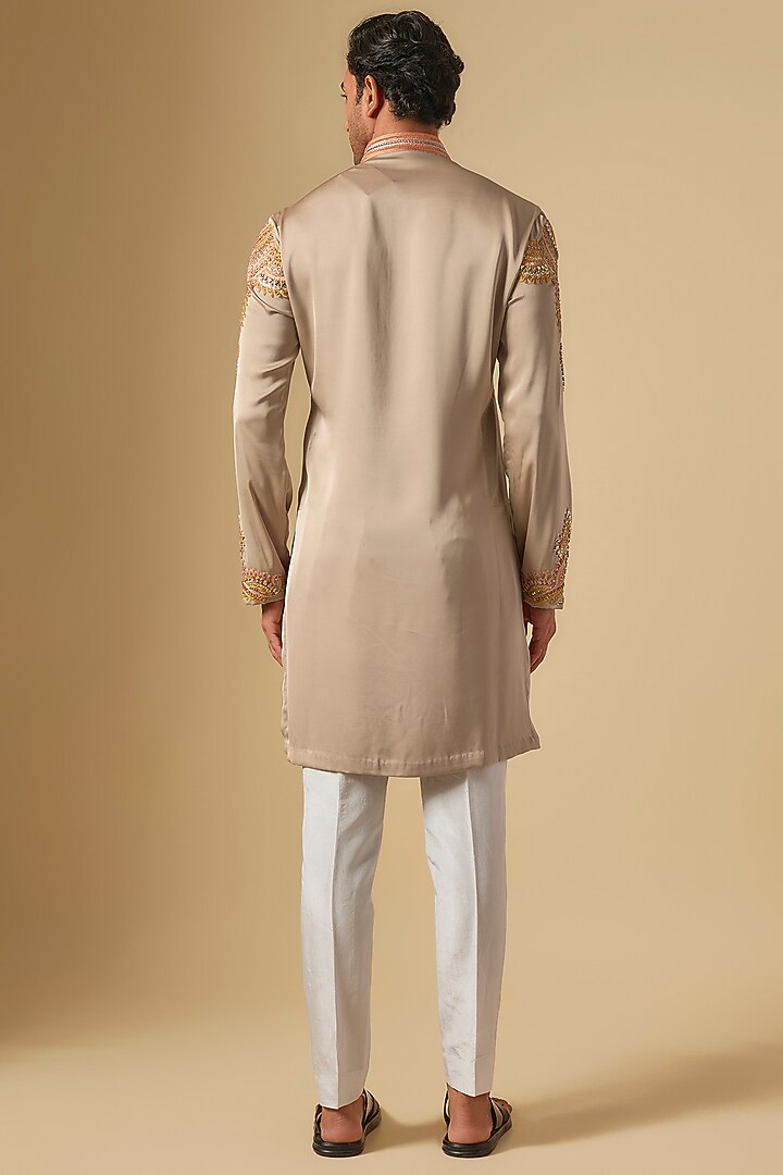 Beige Satin Hand Embroidered Kurta Set by Dapper & Dare at Pernia's Pop Up Shop