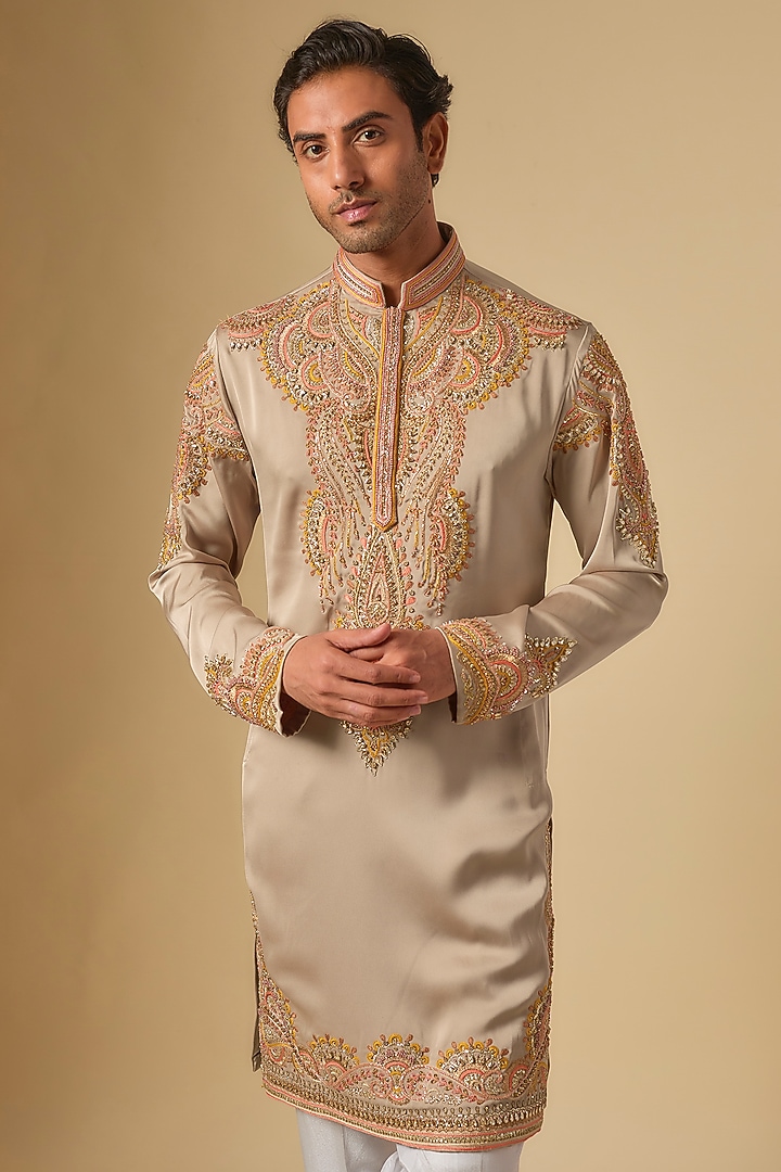 Beige Satin Hand Embroidered Kurta Set by Dapper & Dare at Pernia's Pop Up Shop