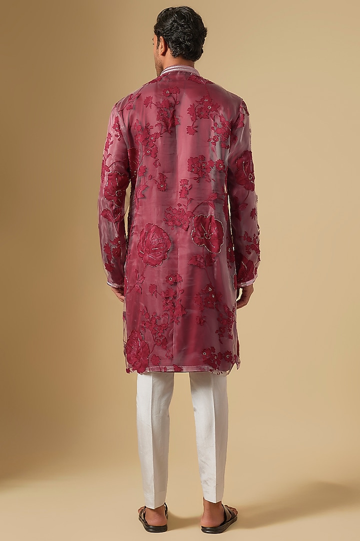 Maroon Organza Floral Printed Kurta Set by Dapper & Dare at Pernia's Pop Up Shop