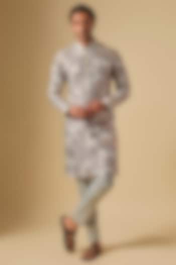 Ice Grey Organza Floral Printed Kurta Set by Dapper & Dare
