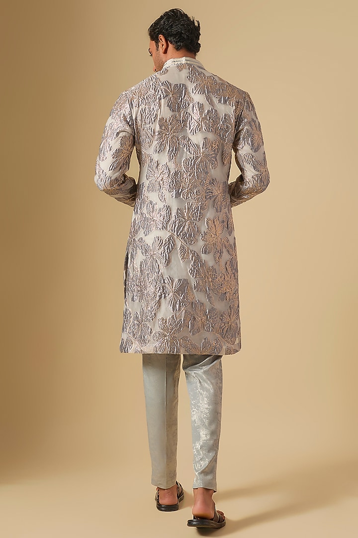 Ice Grey Organza Floral Printed Kurta Set by Dapper & Dare at Pernia's Pop Up Shop
