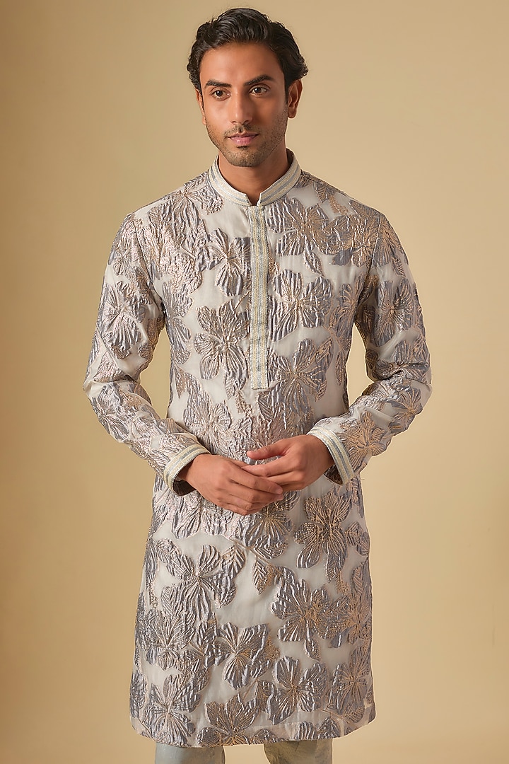 Ice Grey Organza Floral Printed Kurta Set by Dapper & Dare at Pernia's Pop Up Shop