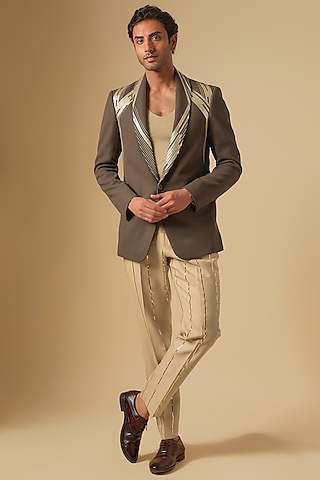 Brown Japanese Twill Metallic Embellished Blazer Set by Dapper & Dare