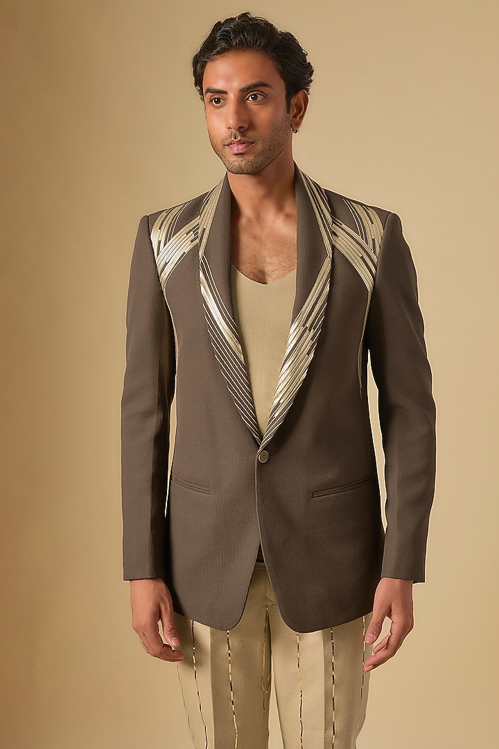 Brown Japanese Twill Metallic Embellished Blazer Set by Dapper & Dare at Pernia's Pop Up Shop