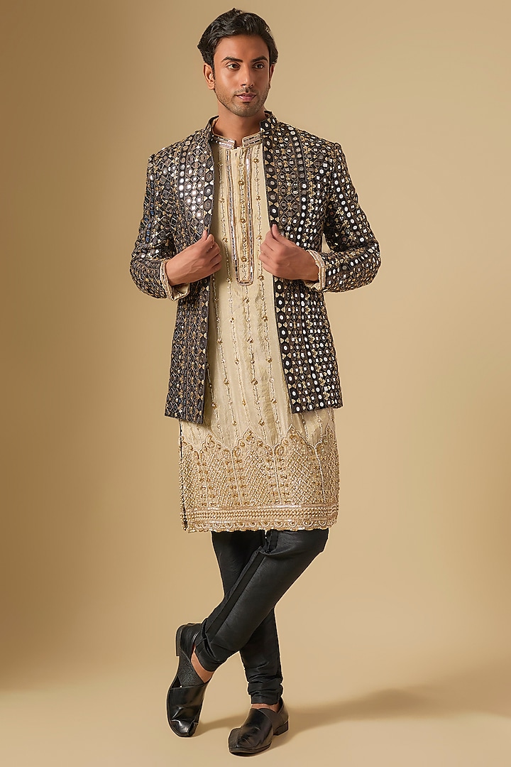 Black Georgette Mirror Embroidered Indowestern Set by Dapper & Dare
